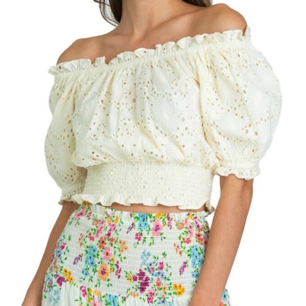 Olivia James The Label Gia Eyelet Smocked Top Sz XS